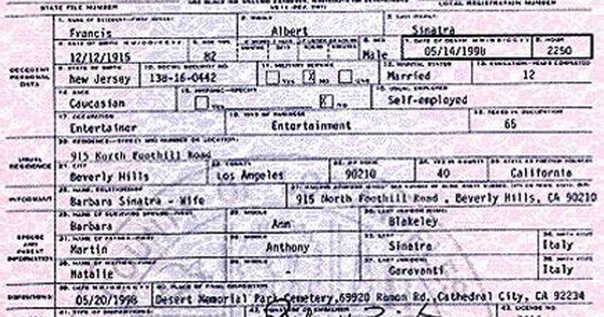 Frank Sinatra S Birth Certificate Francis Albert Sinatra S